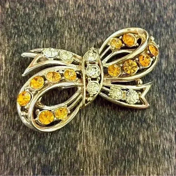 Gold Tone Brooch Set of 3 Teddy Bear, Jaguar and Citrine Bow - Picture 9 of 11